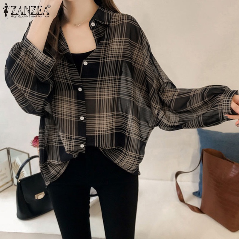 ZANZEA Women Long Sleeve Blouses Casual LooseSummer Autumn Plaid Work Shirt