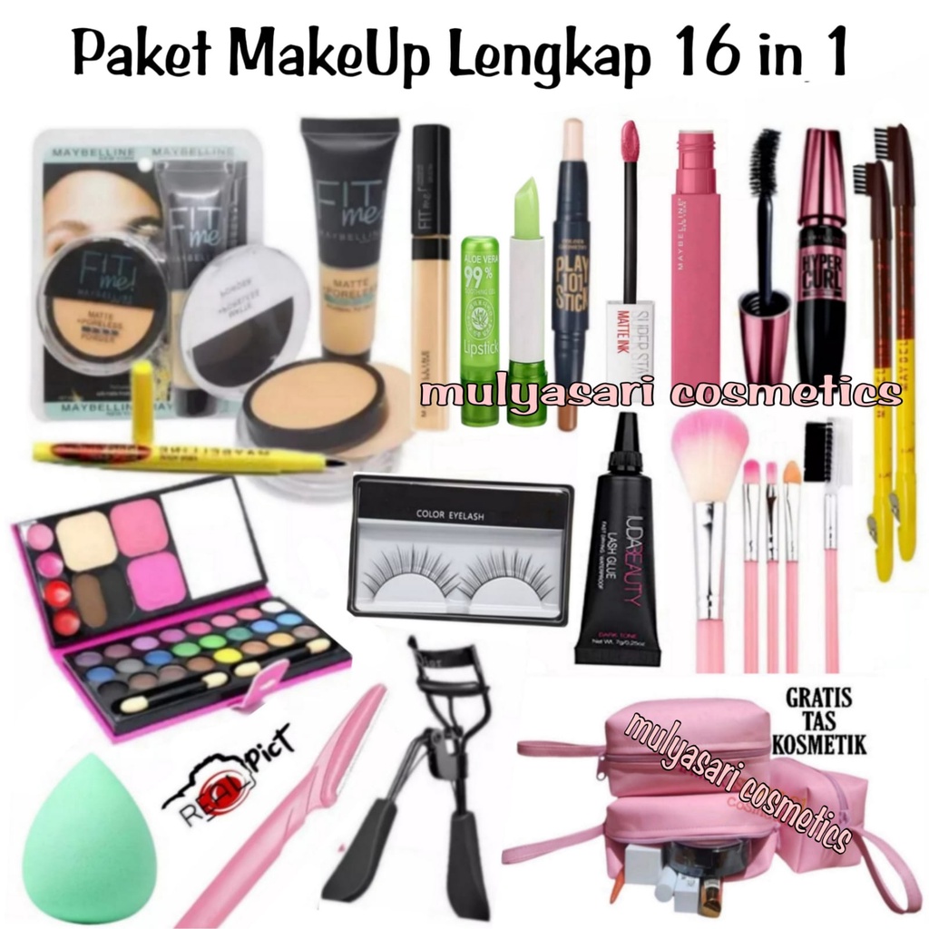 Paket MakeUp Maybelline Super Lengkap 16 in 1 / Paket Kosmetik Wanita Maybelline Komplit 1 Paket 16 in 1 + Gratis Tas Kosmetik Pouch