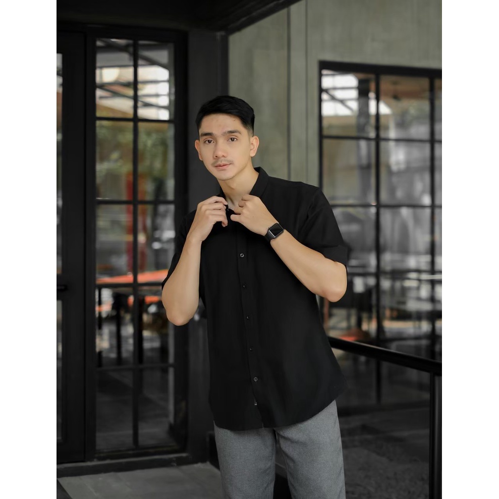 NESS kemeja katun linen lengan pendek kemeja pria lengan pendek kemeja katun kemeja pendek pria kemeja pendek kerja atasan pria bahan katun kemeja linen pria 03 HITAM