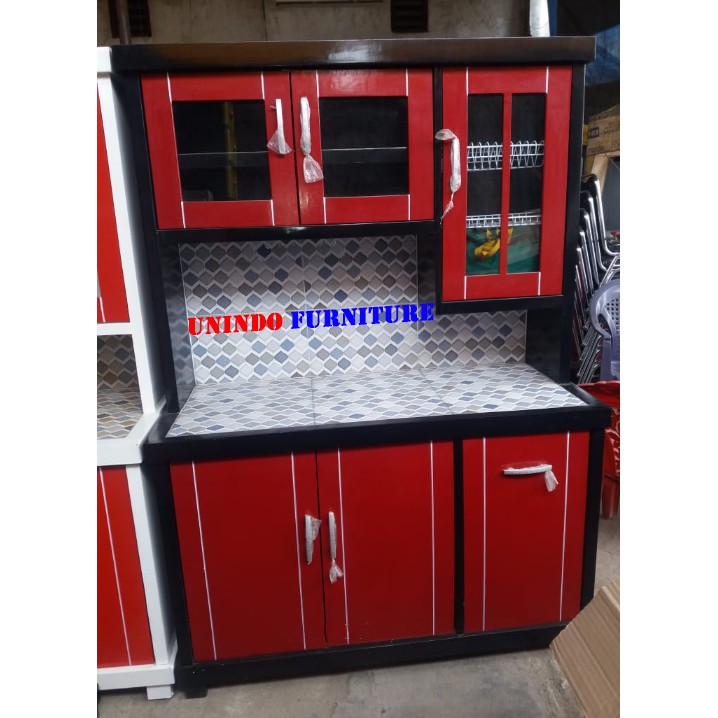 LEMARI DAPUR RAK PIRING KAYU KITCHEN SET 3 PINTU MERAH