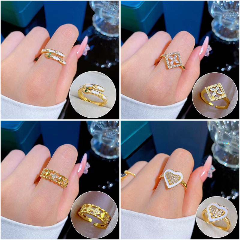 Cincin Lapis Emas 24K Desain Bunga Keberuntungan Adjustable Untuk Wanita