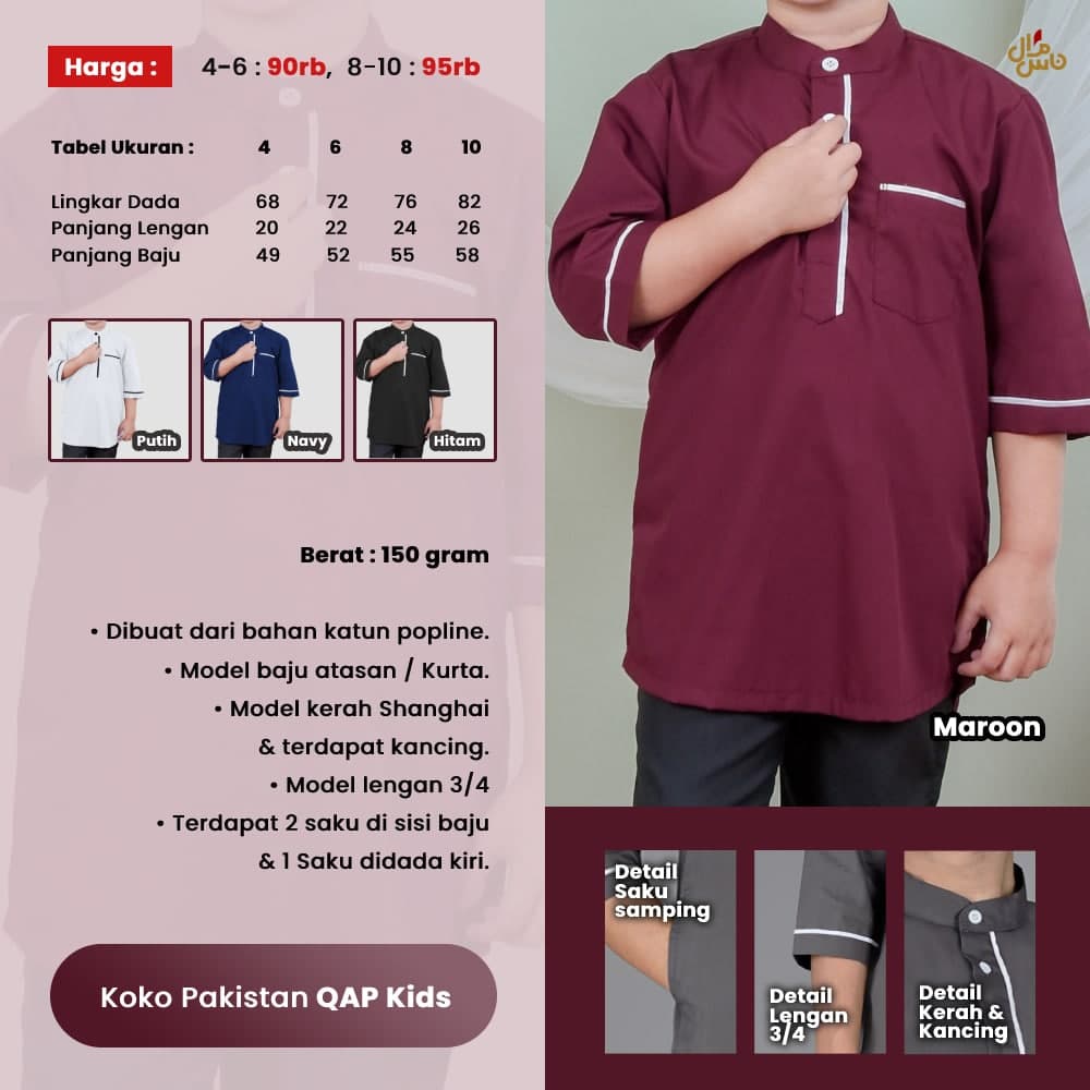 Baju Koko Anak Laki Laki Kurta Pakistan Model QAP Bahan Katun Original Qomishu