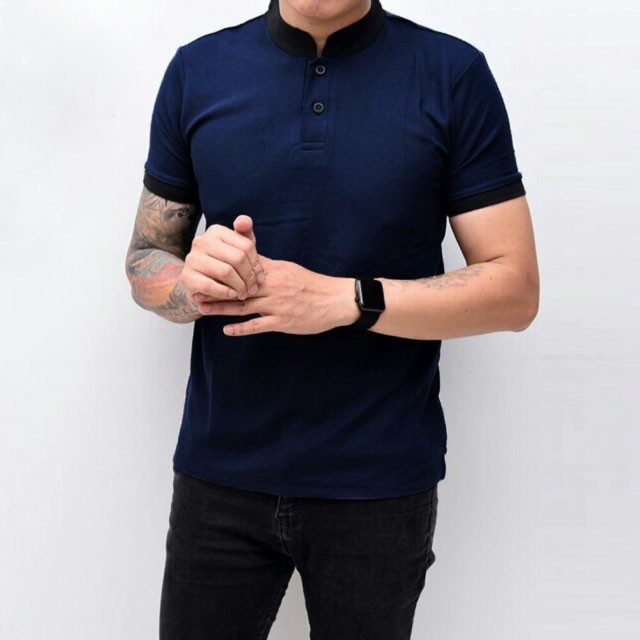 Kaos Polo Pria Polo Shirt Kerah Shanghai Polos Biru Navy Blue Lengan Pendek BIG SIZE JUMBO XXL / 3XL