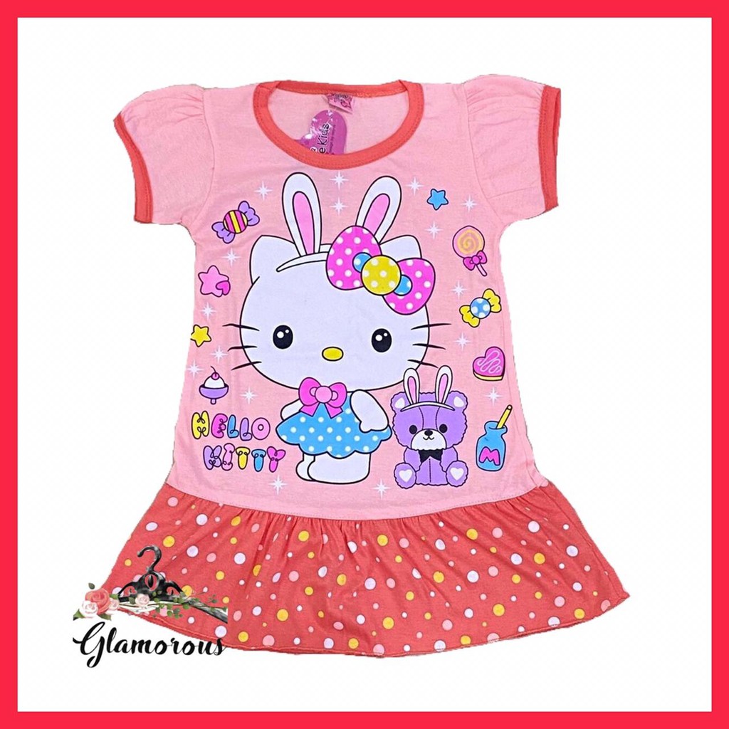 CUCI GUDANG DISKON 25% Dress / Daster Anak Perempuan Umur 2-8 Tahun Motif Hellokitty Pastel