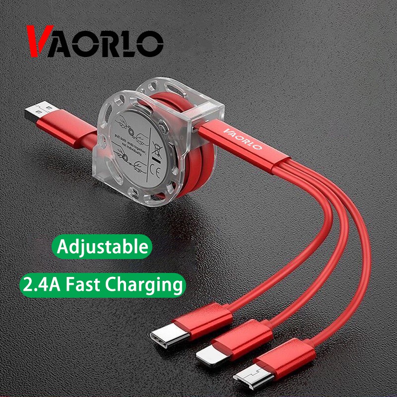 3 In 1 Kabel Data / Charger Micro USB Tipe C 2.4A Fast Charging Retractable Bahan TPE Untuk Handphone