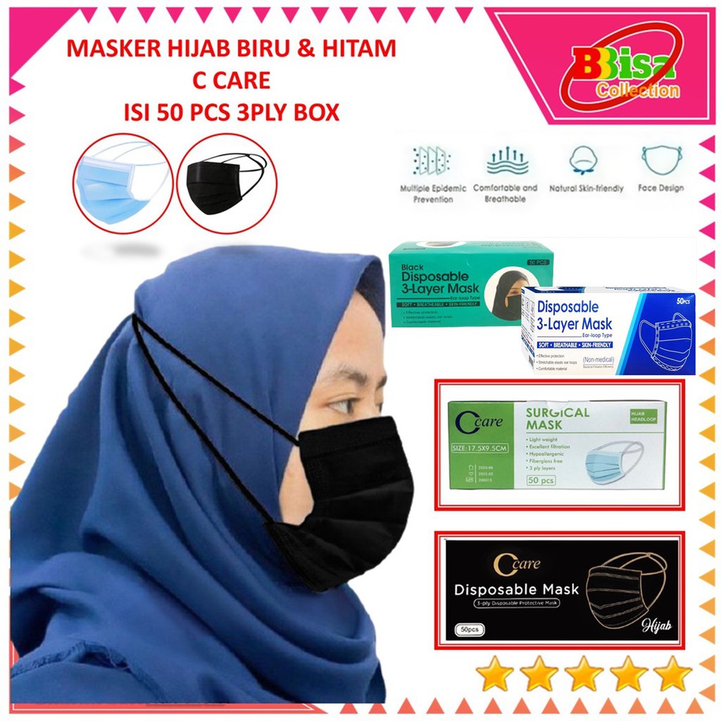 BBBC Masker Hijab Hitam 3Ply Biru Mask Headloop Isi 50 Pcs Box Facemask ...