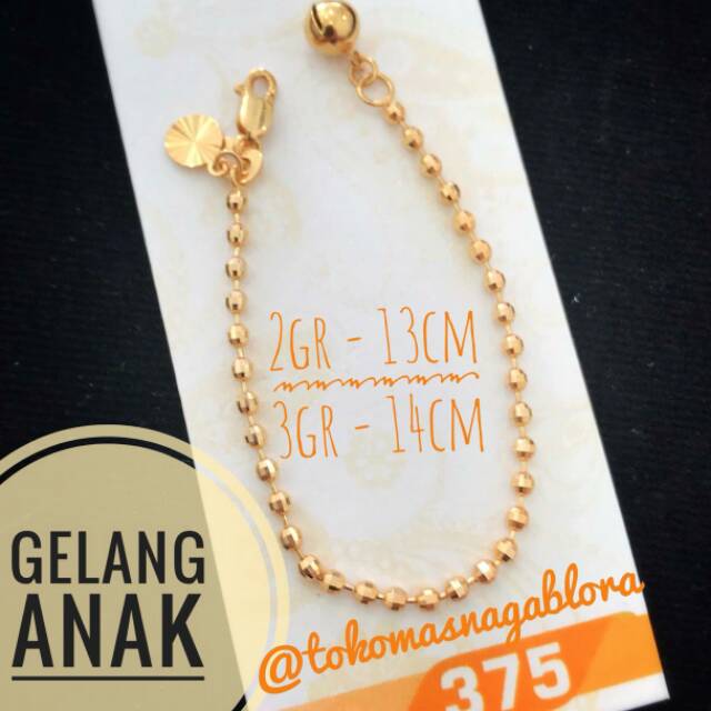 gelang anak variasi rantai merincan lonceng emas kadar 375&420
