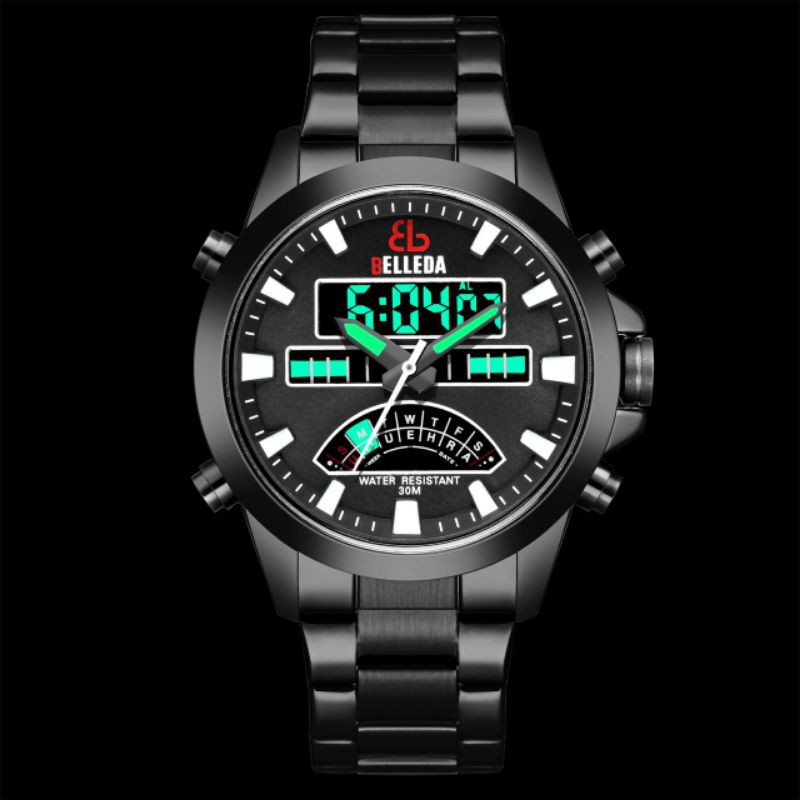 ( COD ) Best Seller  Jam Tangan Pria Belleda B-9116 Dualtime TL Rantai Steel Original