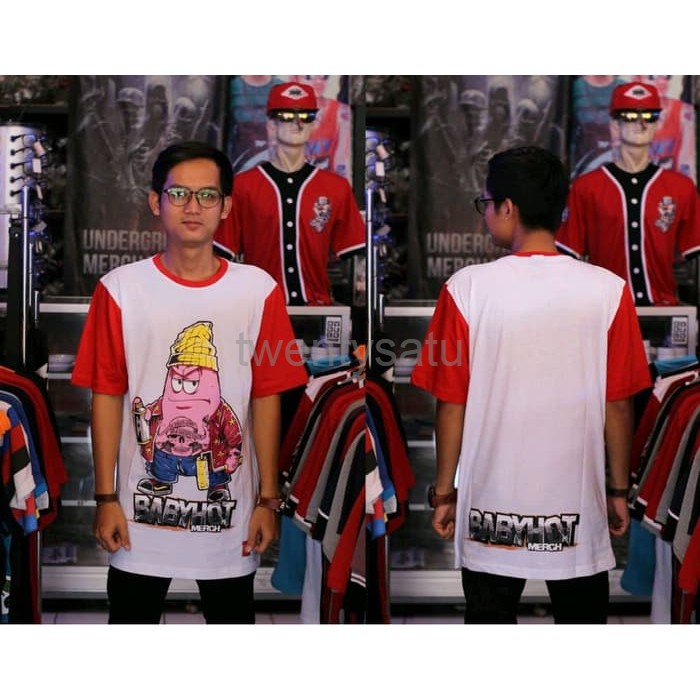 HOT SALE KAOS DISTRO SIMPLE PUTIH MERAH MOTIF SPONEBOB PATRIK BAJU APLIKASI WARNA PRIA DISTRO