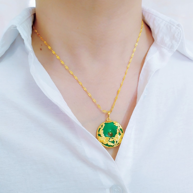 Chinese Style Mythical Animal Green Chalcedony Necklace/ Gold Color Dragon Phoenix Jade Pendant Necklace/ Lucky Circle Clavicle Necklace/ Amulet Jewelry Accessories Gifts