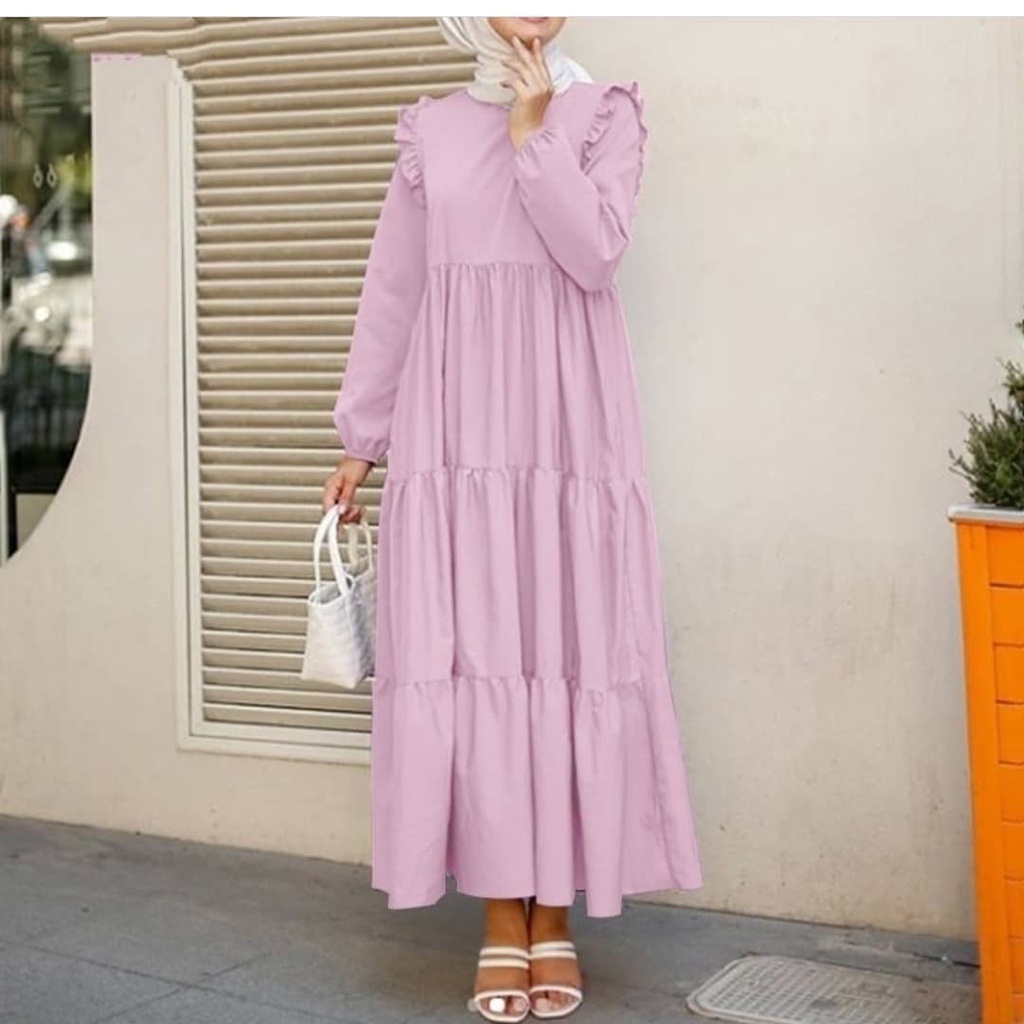 keyra umbrella long dress ruffle jumbo, gamis polos wanita korea, dress wanita muslimah kekinian 2021, baju gamis wanita rempel susun busui-Pink