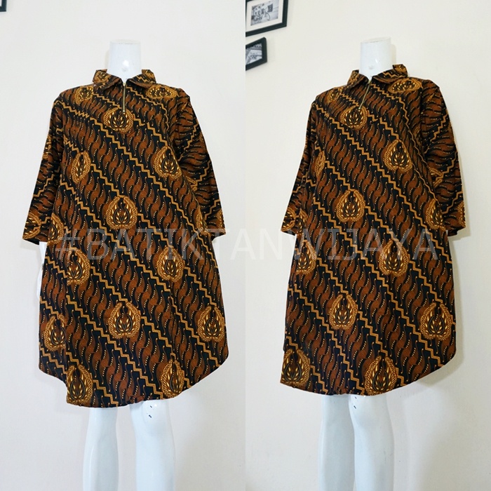 Tunik Batik Wanita Resleting Depan Busui Friendly Bahan Katun Sogan Motif Batik Jogja Cocok Untuk Or