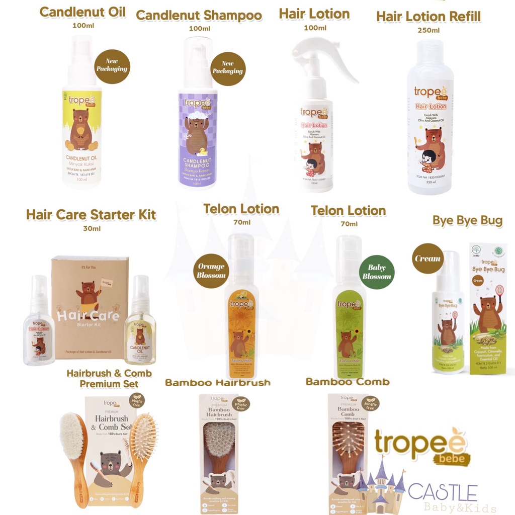 Castle - Tropee Bebe Candlenut Shampoo - Candlenut Oil - Hair Lotion 100ml / 250ml - Telon Lotion - Bye Bye Bug Cream - Travel / Starter Kit / Hair Brush - Hair Comb - Premium Set Isi 2 - Minyak &amp; Shampoo Kemiri Bayi