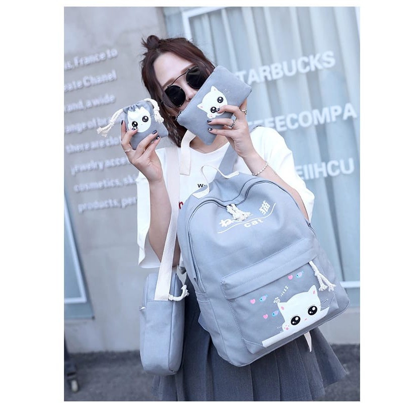 KSO_BAG - Tas Ransel Anak Wanita Terbaru 2021 Kekinian Backpack Kucing Malu 4in1 Korean Style Murah