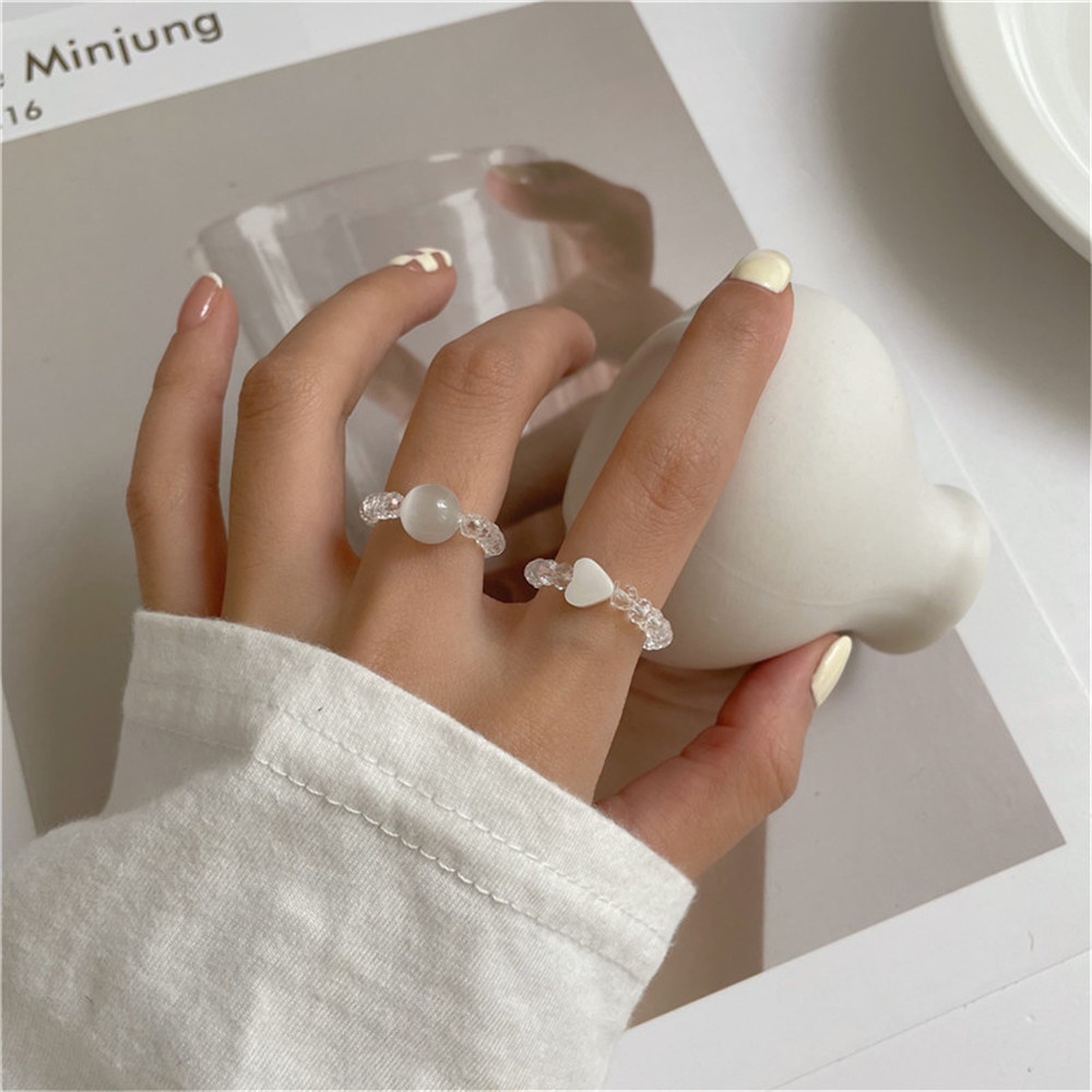 【COD Tangding】INS Shell Opal Ring Beaded Elastic Adjustable Design Luxury Ring Heart