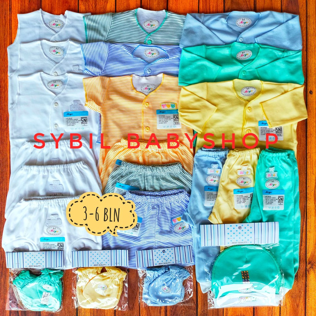 Paket Lengkap Baju Bayi NB Miyo Mix Putih Salur Warna 0-6 Bln Isi 31 Pcs | Kado Bayi-MY PTH SLR WRN 3-6 M