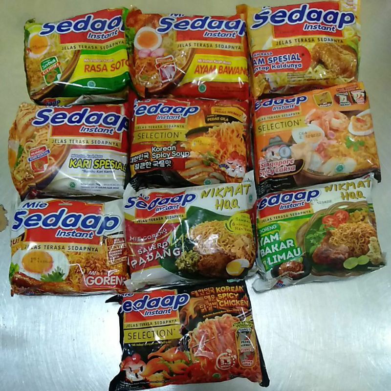 

Sedaap Sedap Mie Instan kuah goreng Aneka Rasa Soto Ayam bawang Bakar Limau Spesial Salero Padang Selection Singapore Spicy Laksa Korean Spicy Soup Chicken Per Pc