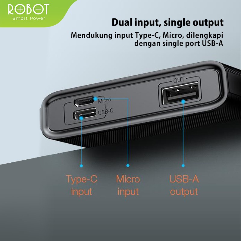 PowerBank ROBOT 10000mah RT190 2.4A Dual Input Port Type C &amp; Micro USB Original Fast Charging Real Capacity - Garansi Resmi 1 Tahun