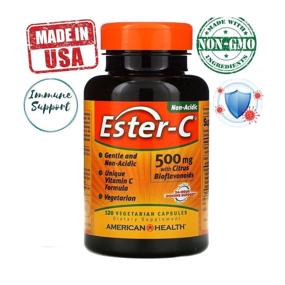 American Health 120 Vege Capsule Ester-C Vitamin C 500mg, Non-Acidic, Non-GMO, Citrus Bioflavonoid