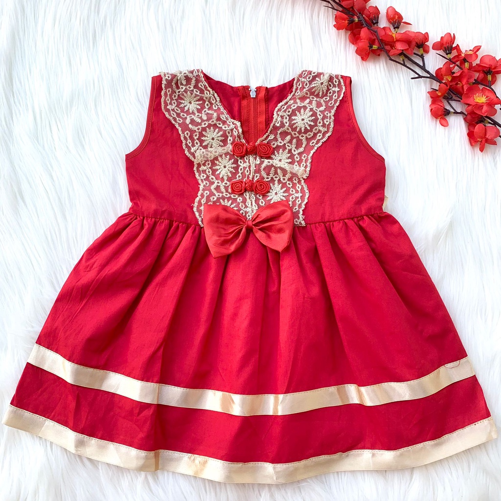 Baju cheongsam dress merah sincia imlek pergi pesta fashion anak bayi cewek perempuan murah -red