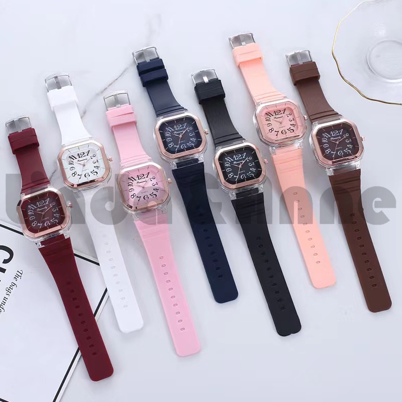 Jam Tangan Rubber Wanita Analog Quartz Angka Dial Kotak Import Jam Tangan Wanita Hush Puppies