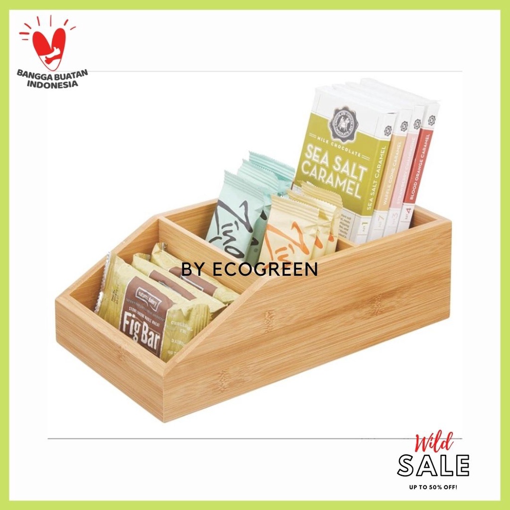 Wood Food Storage Bin with Divided 3 Compartments and Sloped Front for Kitchen Cabinet CODE W-012