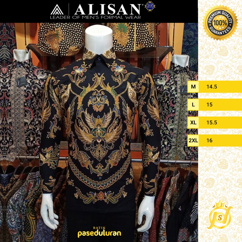 Kemeja Alisan Batik SlimFit Premium Katun  Motif Merak Ukiran Warna Hitam Emas Lengan Panjang