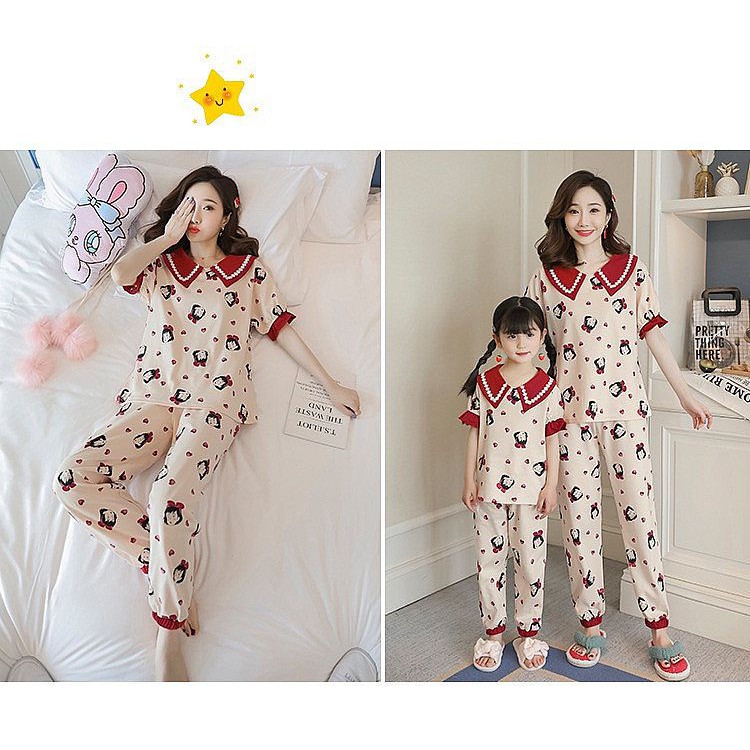 Piyama Couple Ibu dan Anak Import CP - Set Baju Tidur Katun Princess Krem
