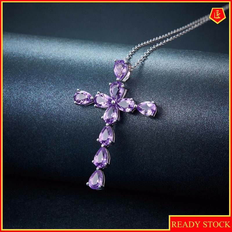 [Ready Stock]Fashion Plated 925 Silver Inlay Amethyst Cross Pendant Necklace