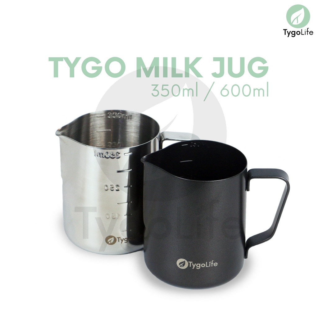 TYGOLIFE MILK JUG BARISTA LATTE ART 350ml 600ml TITANIUM/STAINLESS STEEL DGN SCALE