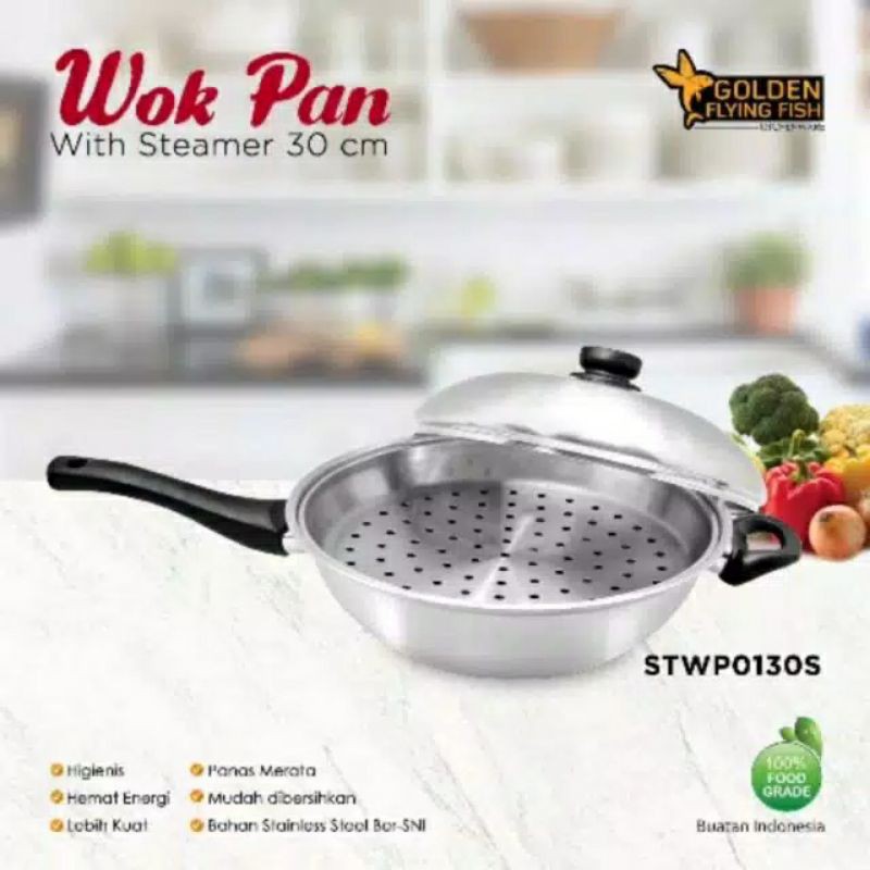Wok pan with steamer 28 cm Golden Flying fish