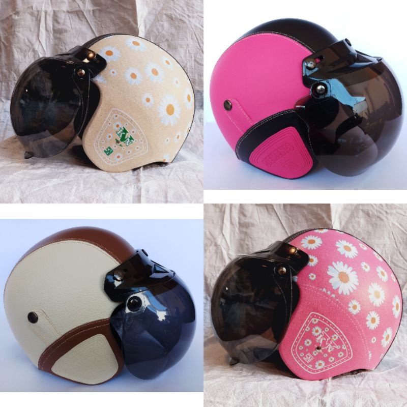 HELM BOGO Full Kulit Retro Klasik Motif Polos Army Cream Bunga Hijau Orange Ungu Kuning Pink Biru