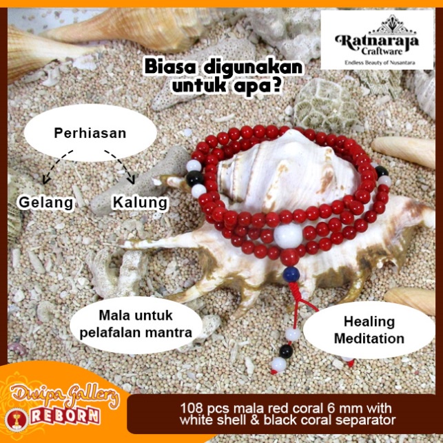 Tasbih / Mala Buddha 108 Red Coral 6mm with White Shell &amp; Black Coral