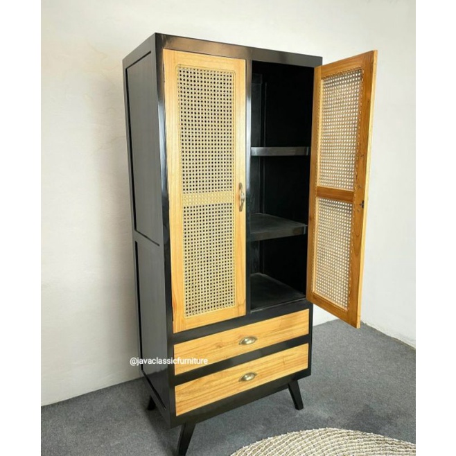 ALMARI ROTAN LEMARI MINIMALIS VINTAGE RETRO HITAM KOMBINASI NATURAL PINTU 2 SHEINNA RATTAN WARDROBE LACI 2 CABINET ANAK BAHAN KAYU JATI TUA GRADE A-1