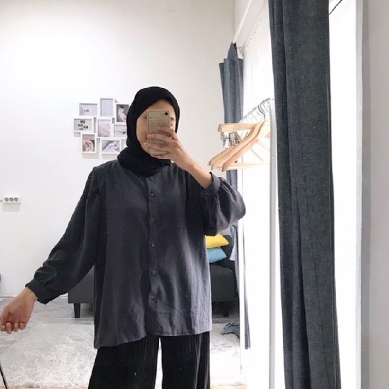 Aisa Blouse Crinkle Premium Kemeja Formal Kerja / Crinkle Blouse Shanghai-AISA DARK-GREY