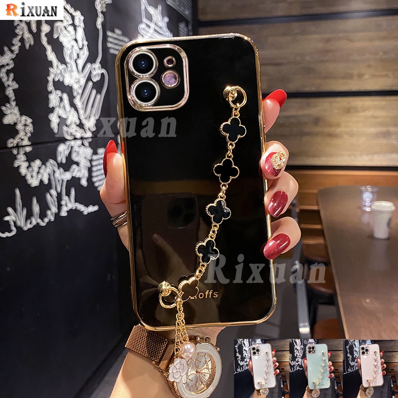 Soft Case Silikon Motif Daun Clover Dengan Rantai Untuk Iphone 6 6s 7 8 Plus X Xr Xs 11 Pro Max