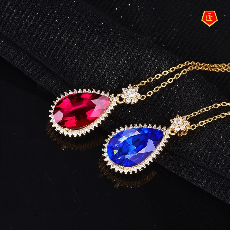 [Ready Stock]Elegant Pear-Shaped Colored Gems Pendant Gold Necklace
