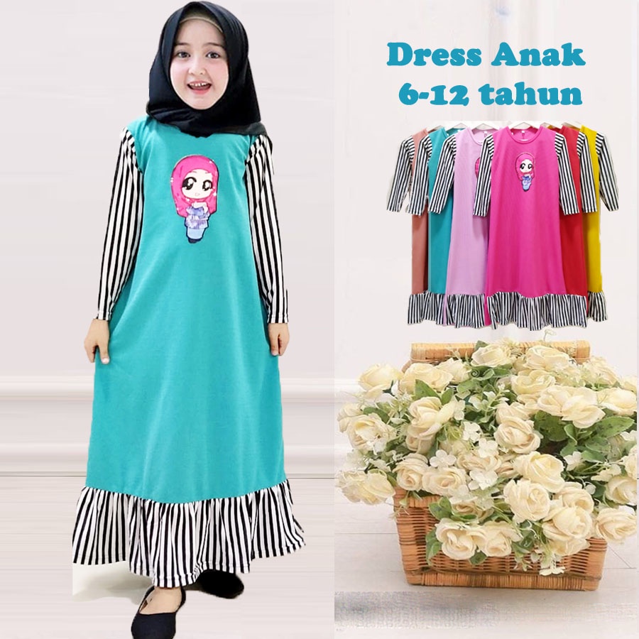 DRESS ANAK LOL SALIHAH REMPEL BAWAH GAMIS MURAH Usia 4-12 tahun CARLINA