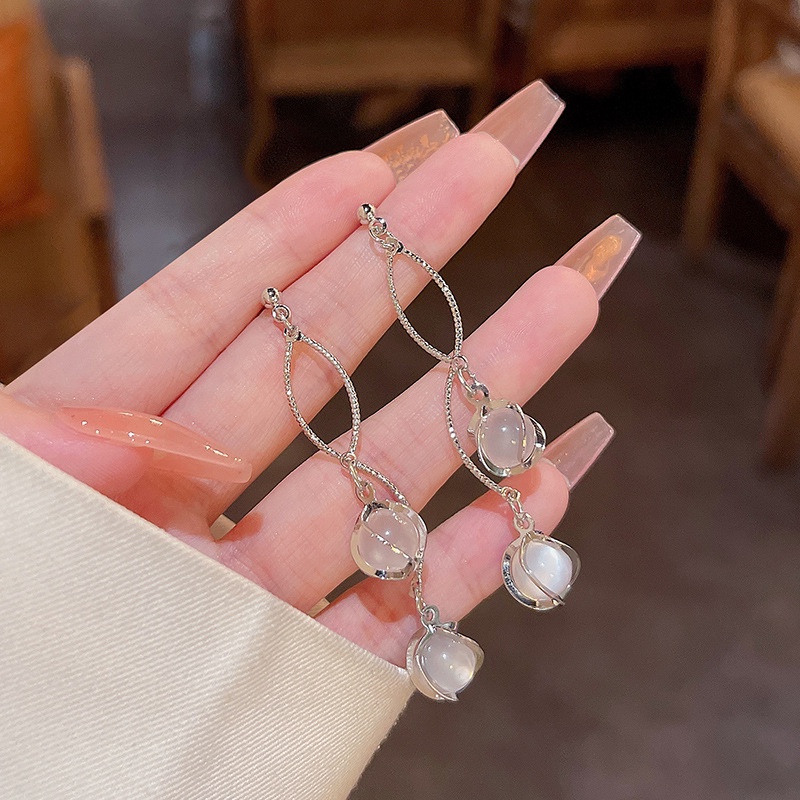 Anting Tusuk Gantung Panjang Bahan Sterling silver 925 Hias Opal Gaya Mewah Untuk Wanita