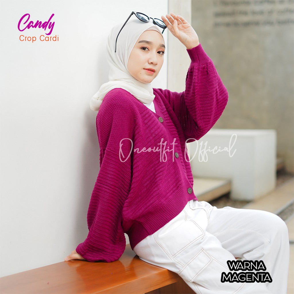 Oneoutfit Cardigan Rajut Wanita Oversize Candy Crop Cardi  Model Kekinian Kardigan Polos Muat S-XXXL-Magenta