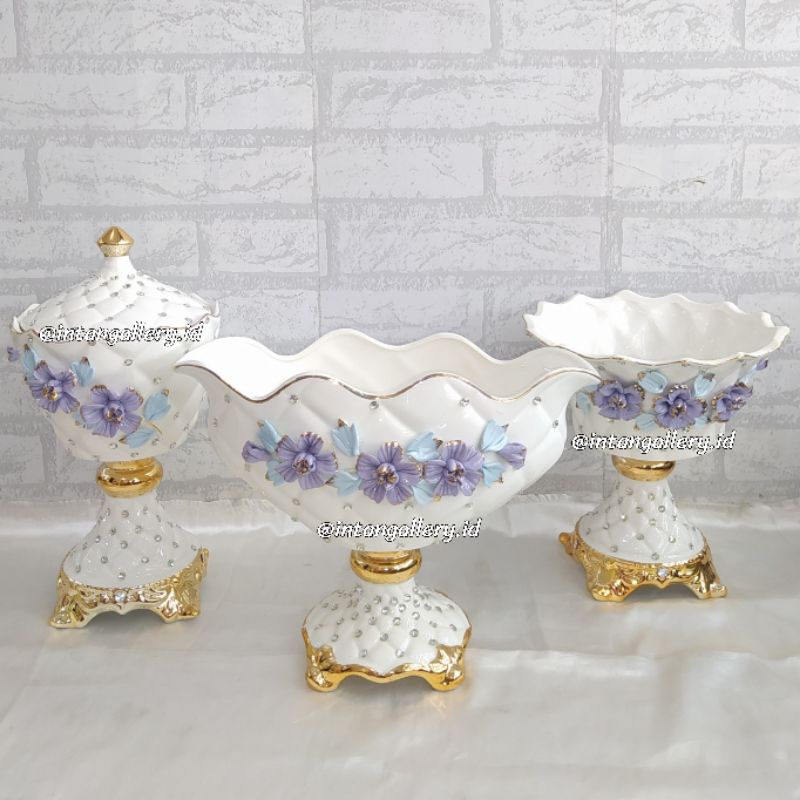 Stoples dan Gondola Keramik Set 3 - Bunga Timbul Ungu -  Pajangan Mewah Memperindah Interior Rumah A