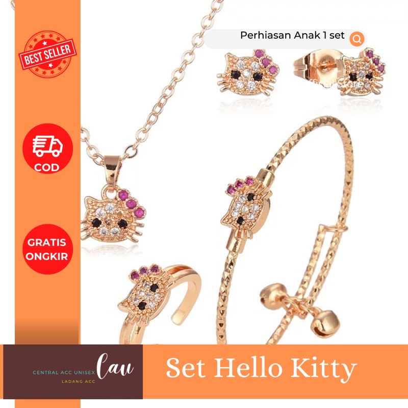 Perhisan Satu Set Hello Kitty Titanium Mirip emas Asli 24k kombinasi perak dan permata sangat Megah coco untuk hadiah ulag tahun anak perempuan