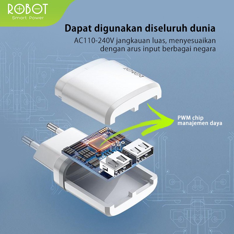 (ORIGINAL 100%) CHARGER ROBOT RT-K9 12W DUAL PORT 2.1A FREE CABLE MICRO USB MULTIPLE