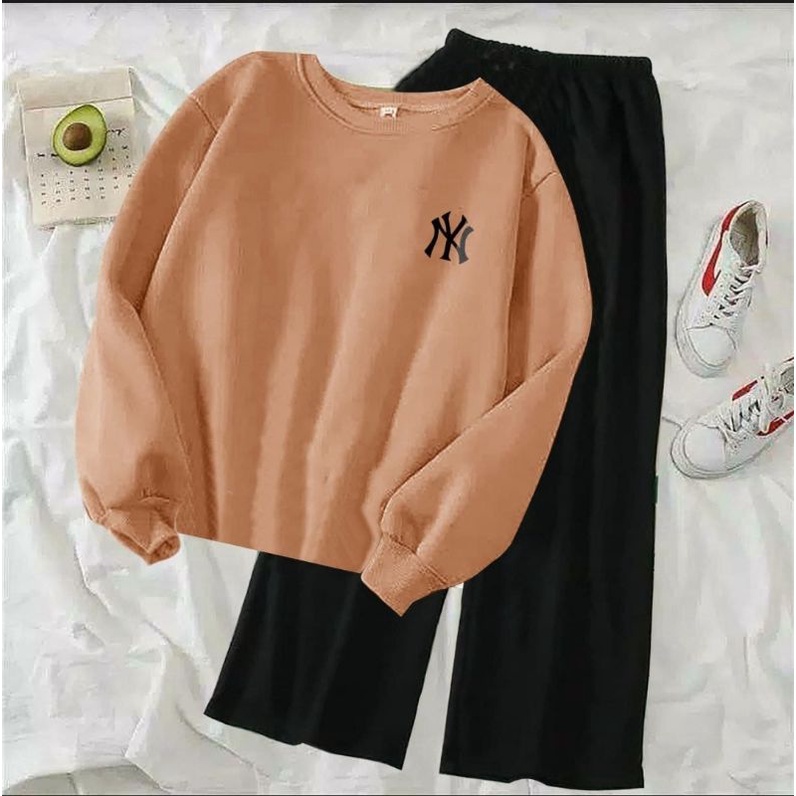 (COD)ST NY / Stelan Kulot Polos Wanita / Stelan Sweater Terlaris / Stelan NY Bordir / Sweater Lengan Panjang&Celana Kulot Viral-Coksu&Celana