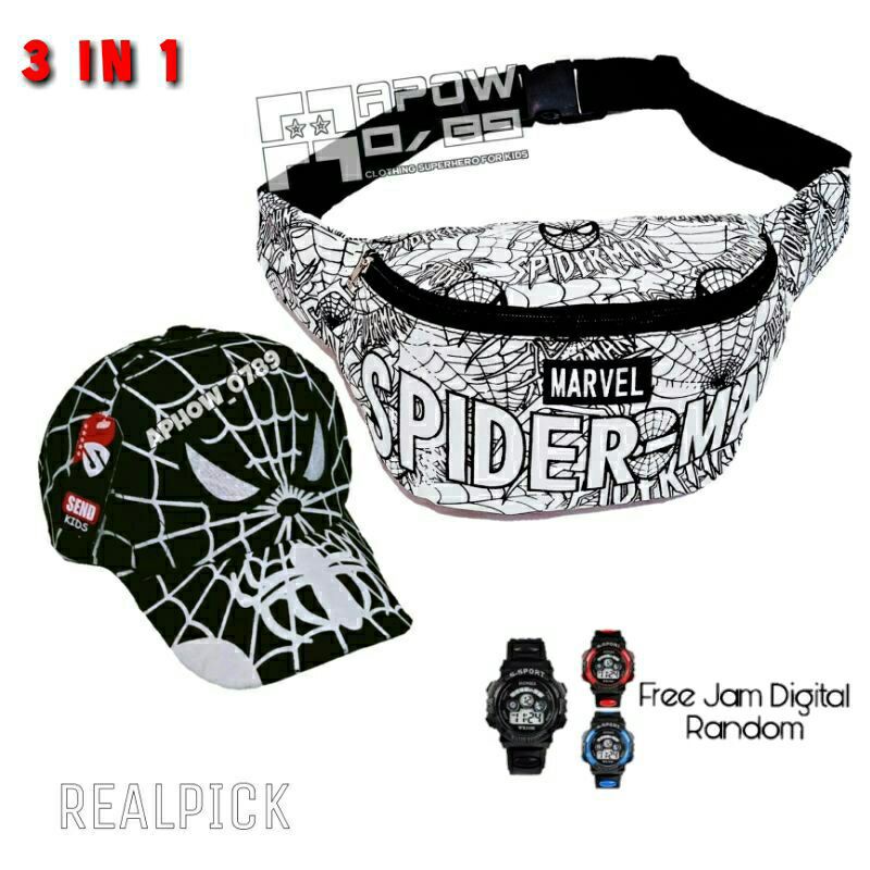 waistbag anak canvas karakter superhero 3in1 - waistbag + topi + jam tangan