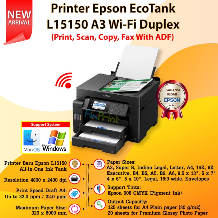 Printer Epson EcoTank L15150 A3 WiFi Duplex Print Scan Copy Fax All In One