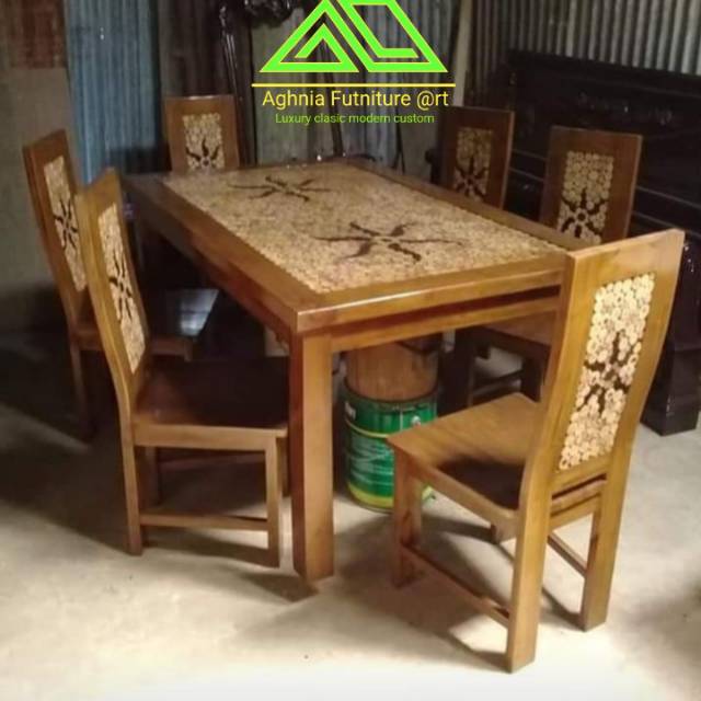 Set meja makan koin jati