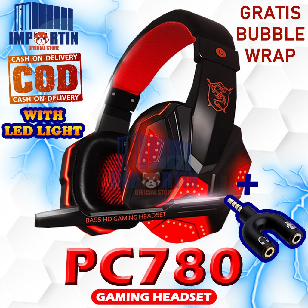 CUCI GUDANG HEADSET GAMING WIRED PC780 LED LIGHT LAMPU HEADPHONE GAMING BUAT HP 3D STEREO SURROUND