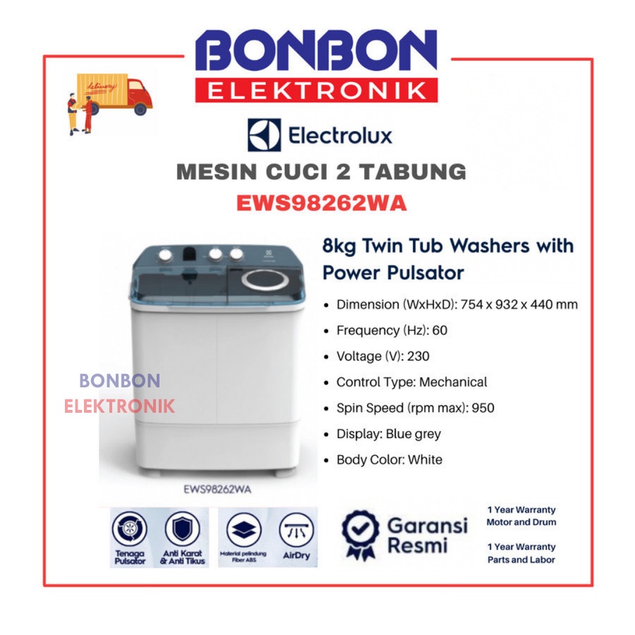 Electrolux Mesin Cuci 2 Tabung 8KG EWS98262WA / EWS 98262 WA / 98262WA