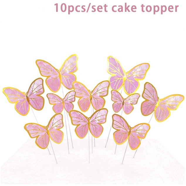 10pcs / set Topper Kue Desain Kupu-Kupu Warna Emas Pink Untuk Dekorasi Pesta Ulang Tahun Pernikahan